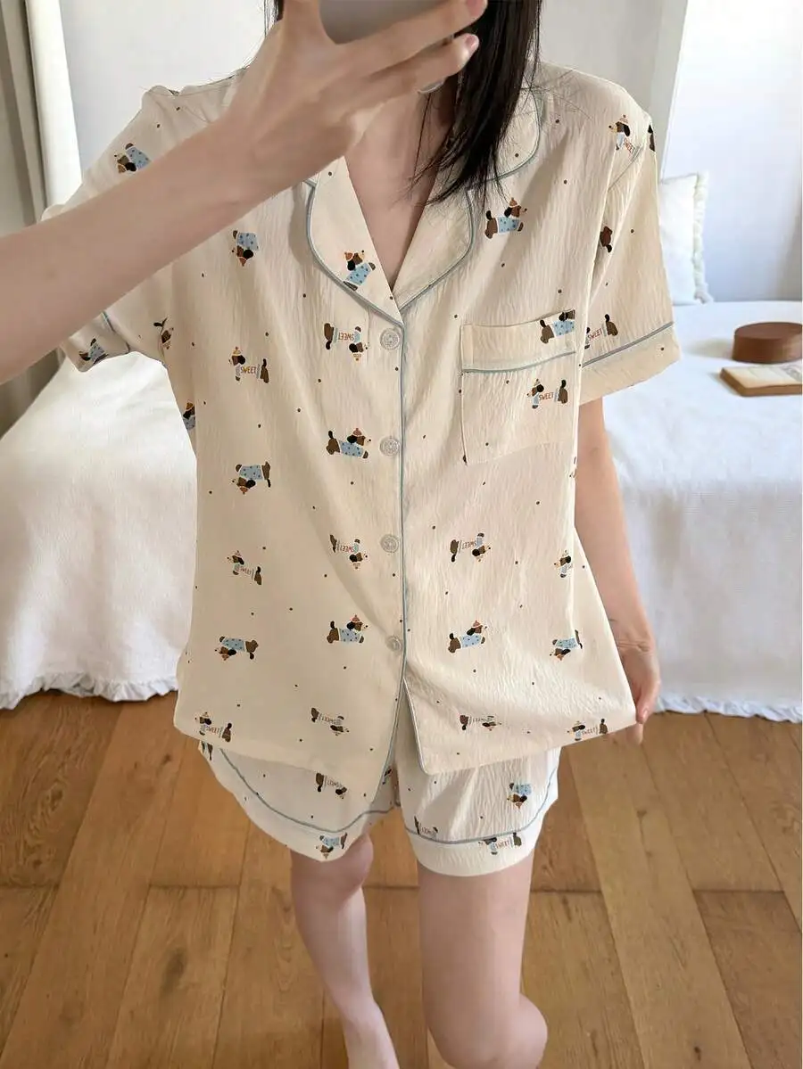 Women Button-Up Short Sleeve Pajama Set With Cartoon Dog Print And Polka Dot Pattern For Spring Summer