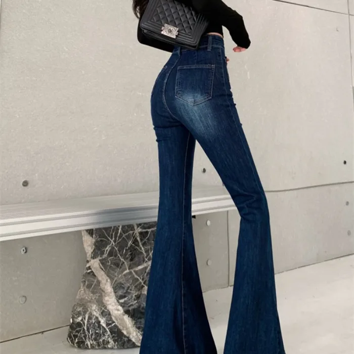 ارتفاع الخصر جرس بوت الجينز المرأة التخسيس تأثير الساق الطويلة مطاطا الدنيم السراويل الخريف الشتاء جديد Sle الأزرق القطن تمتد