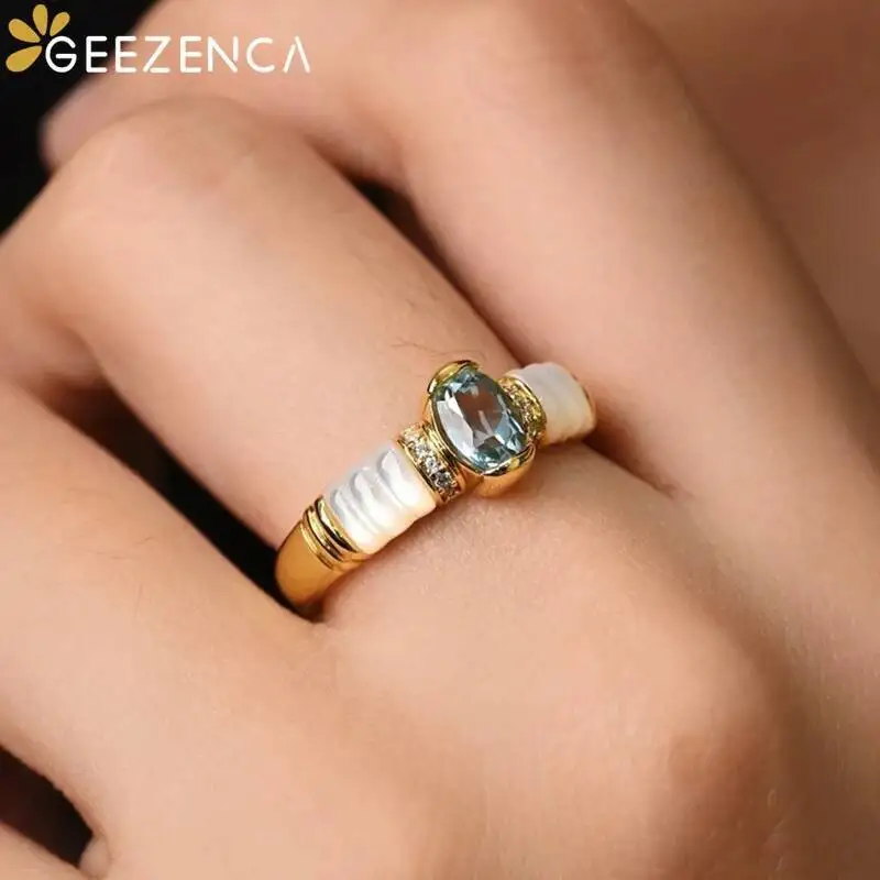 GEEZENCA Natural Topaz 925 Sterling Silver White Mother of Pearl Zircon Ring For Women Blue Stone French Chic Rings 2024  Gift