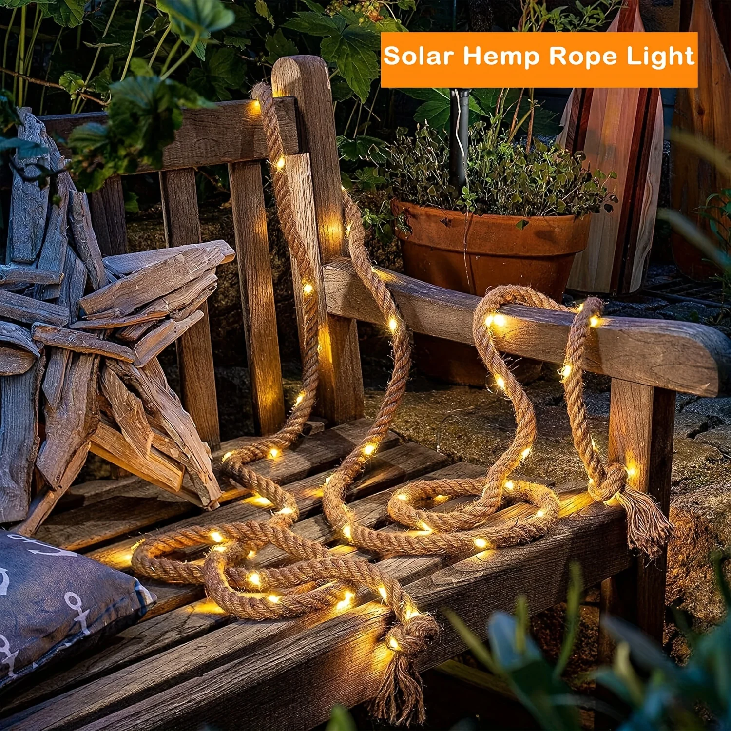 Solar Hemp Rope Light for Atmosphere Decor, Warm White Copper Wire, Pátio ao ar livre, Jardim, 8 Modos, 5 m, 10m, 100 LEDs, 200 LEDs