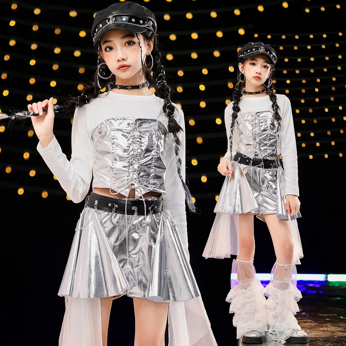 

Серебристый жилет для девочек 2025, укороченные топы, юбка с лентой, наряды Kpop, детские костюмы для джазовых танцев, уличная одежда, одежда в стиле хип-хоп, рейв, DQS20883