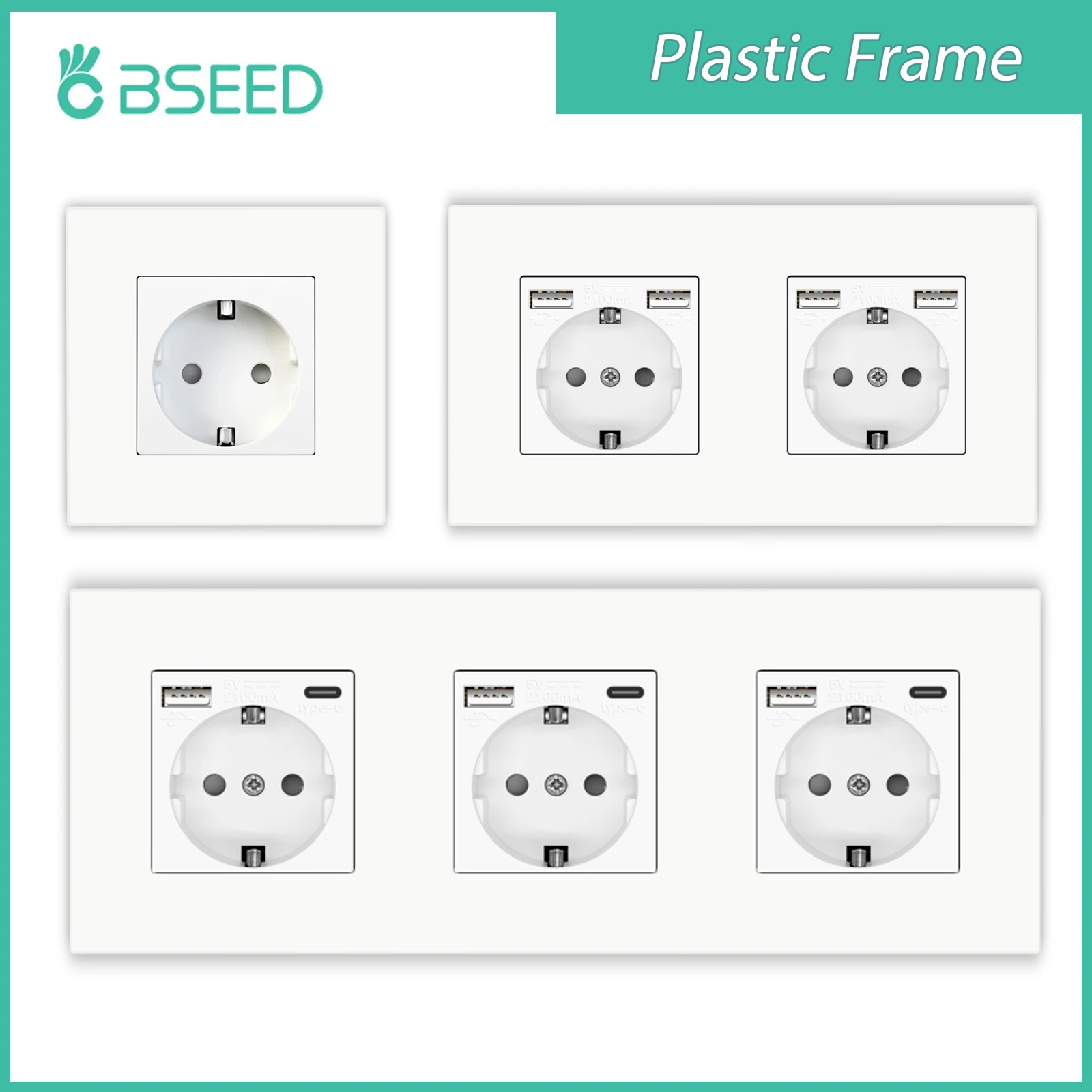 BSEED Plastic Frame Wall Sockets Dual USB Port Phone Charge Type-c Plug EU Standard Power Sockets 16A