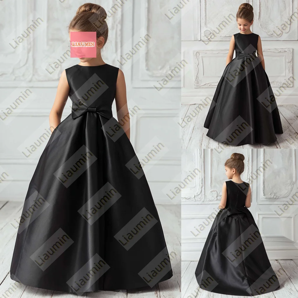 

Black Flower Girl Dresses for Wedding Satin Sleeveless With Bow Holy First Communion Gowns Party Pageant Skirt Customized W19-35
