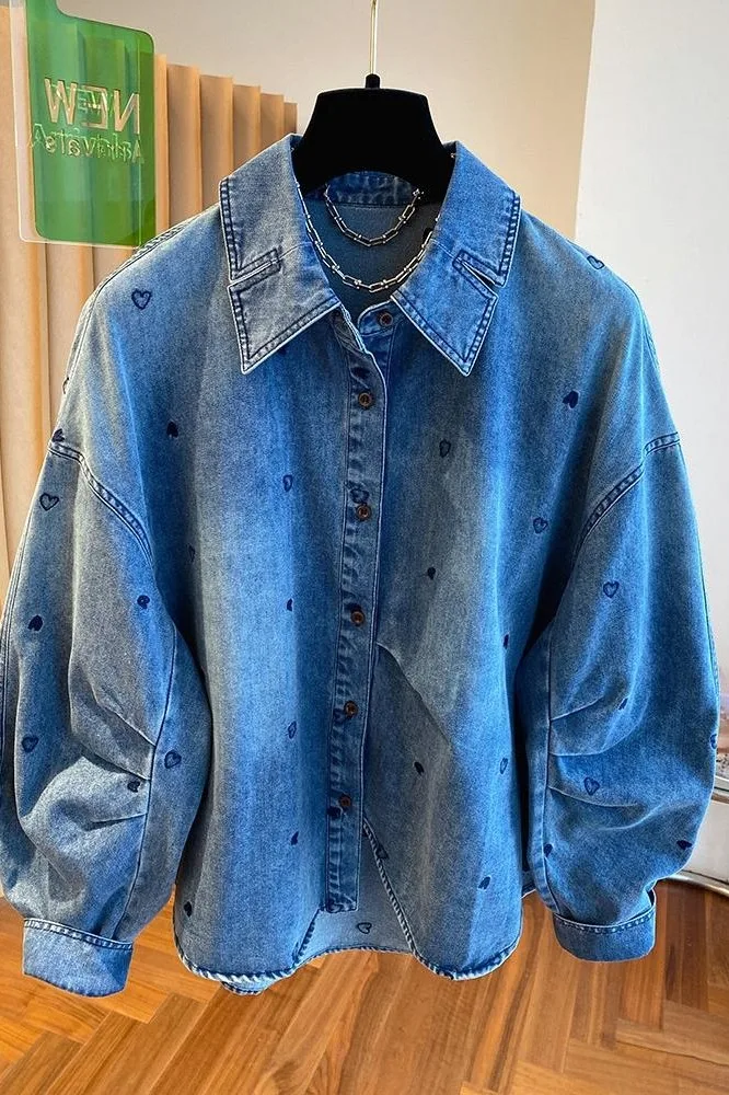SuperAen European and American Style Blue Heart Patterned Denim Shirts for Women Long-sleeved 2026 Spring New Fashion Coats