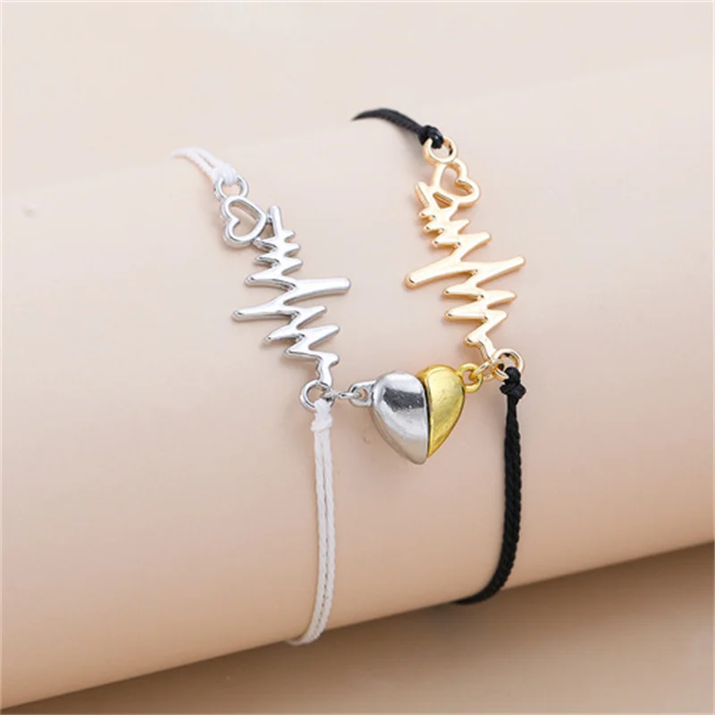 2Pcs/Set Romatic Heartbeat Magnet Couple Bracelet for Men Women Heart ECG Matching Braided Bracelet Valentine's Day Gift Jewelry