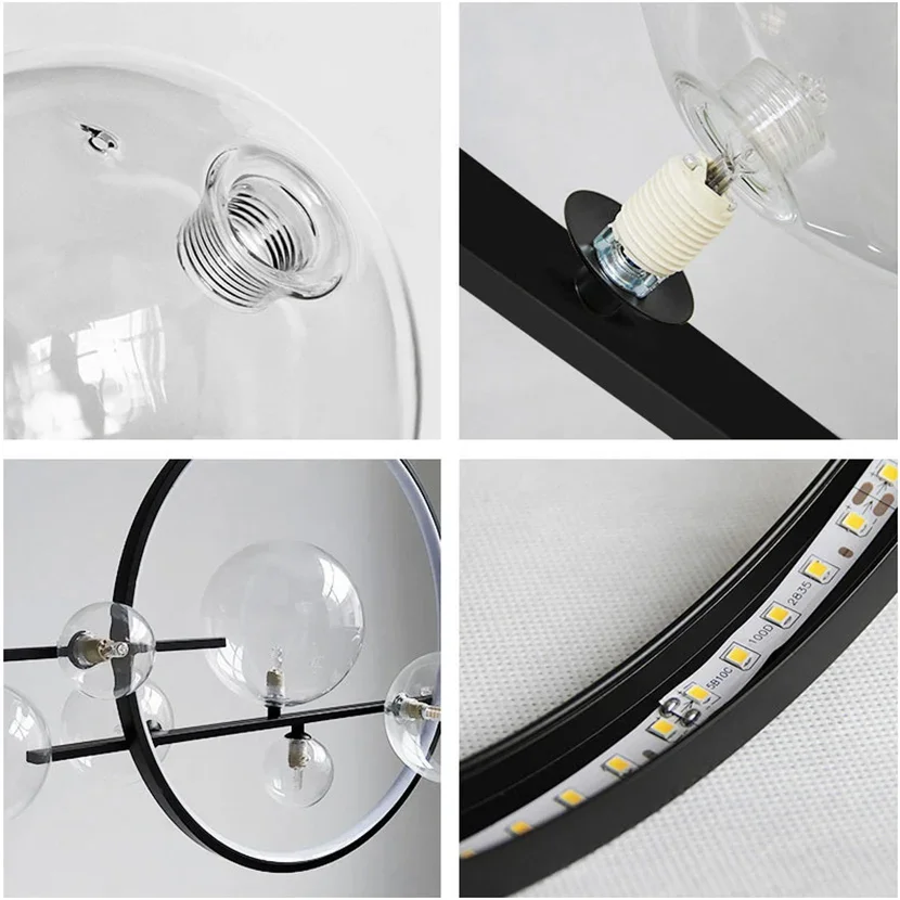 SNADYHA Modern LED Glass Ball Chandelier Black Smoke Clear Bubble Pendant Light Iron Frame Lamp for Dining Room Kitchen Table
