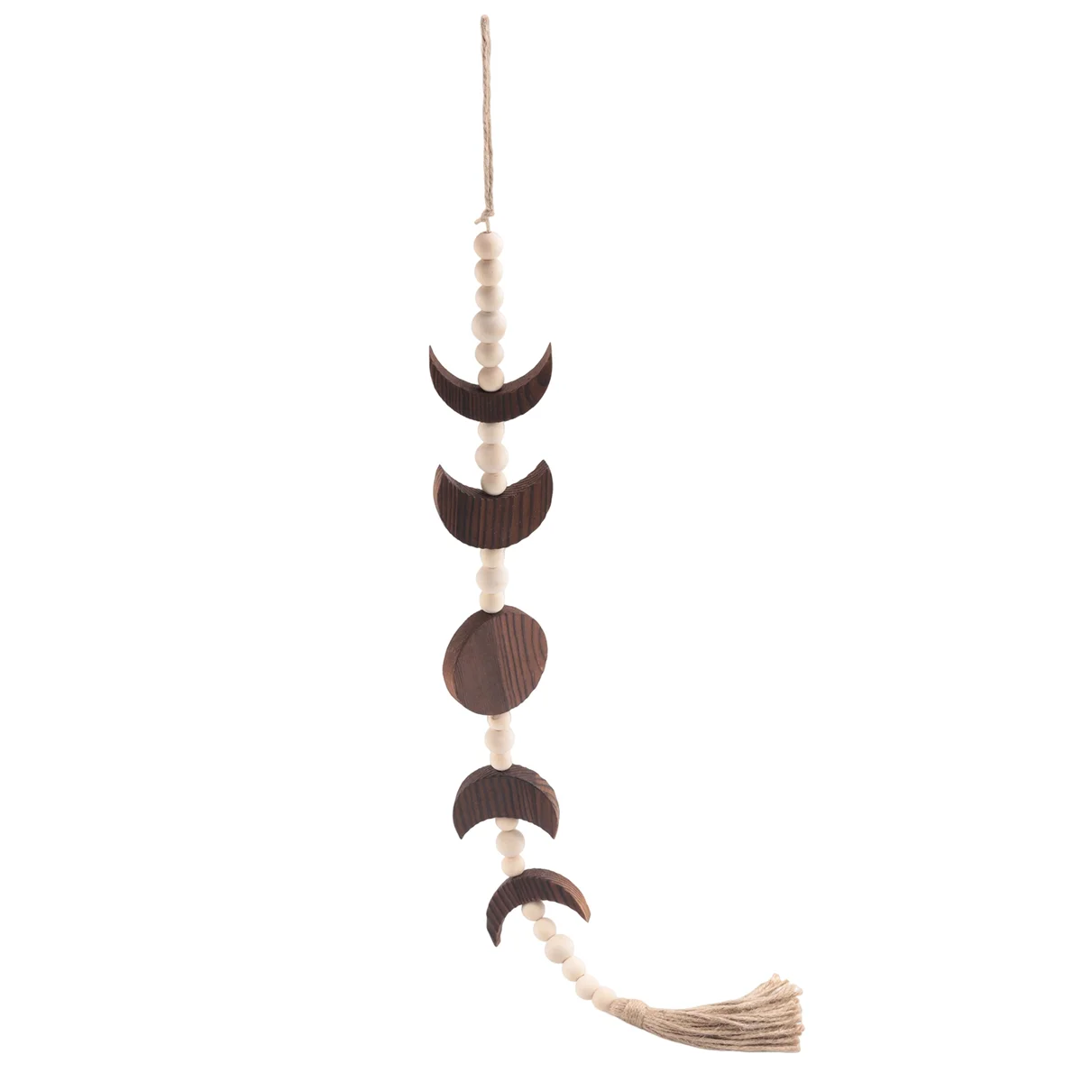 MALL Wood Moon Phase Wall Hanging, Boho Farmhouse Beaded Moon Garland with Tassel Wall Decor,Brown