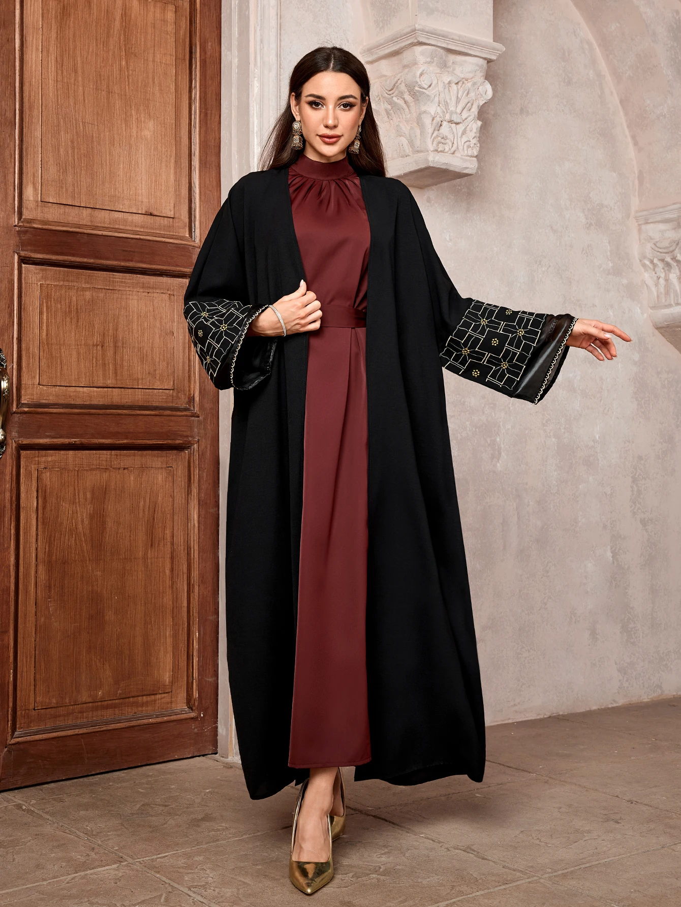 2025 New Muslim Ramadan Eid Bangladesh Solid Ethnic Embroidery Batwing Sleeve Open Kimono Abaya Kuwaiti Moroccan Women Robe