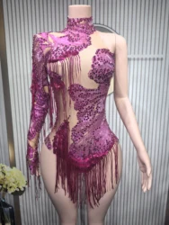 Sexy Skinny Leotard Singer Dancer Show StageWear Sparkly Blue Rhinestones Women DanceCostume Fringes One Shoulder Bodysuit  7G