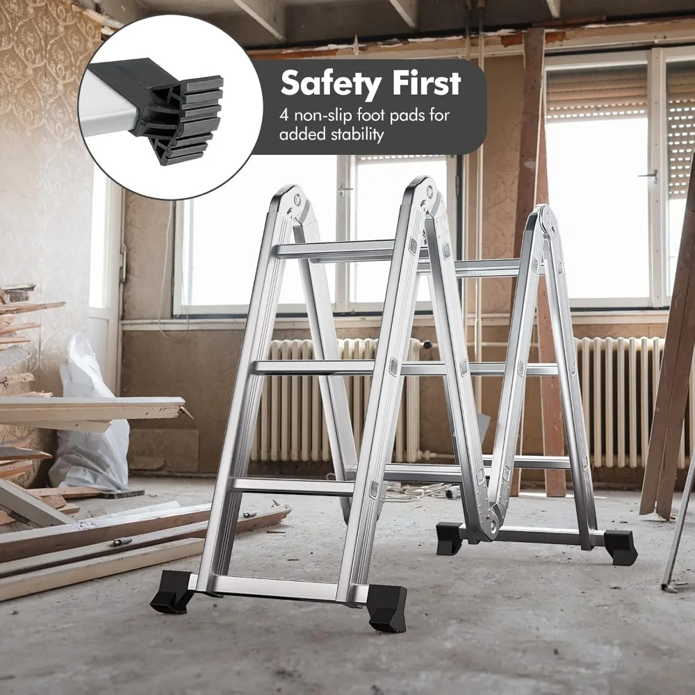 Folding Step Ladder 12.2 Feet, Multi-Position Aluminum Extension Ladder with Stabilizer and Non-Slip Feet for Versatile Use