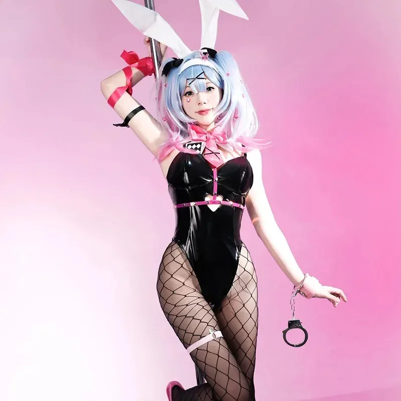 Miku Rabbit Hole Cosplay Costume Black Leather Bunny Girl Jumpsuit Headwear Tights Props Full Set Party Anime Carnival Dress Up6