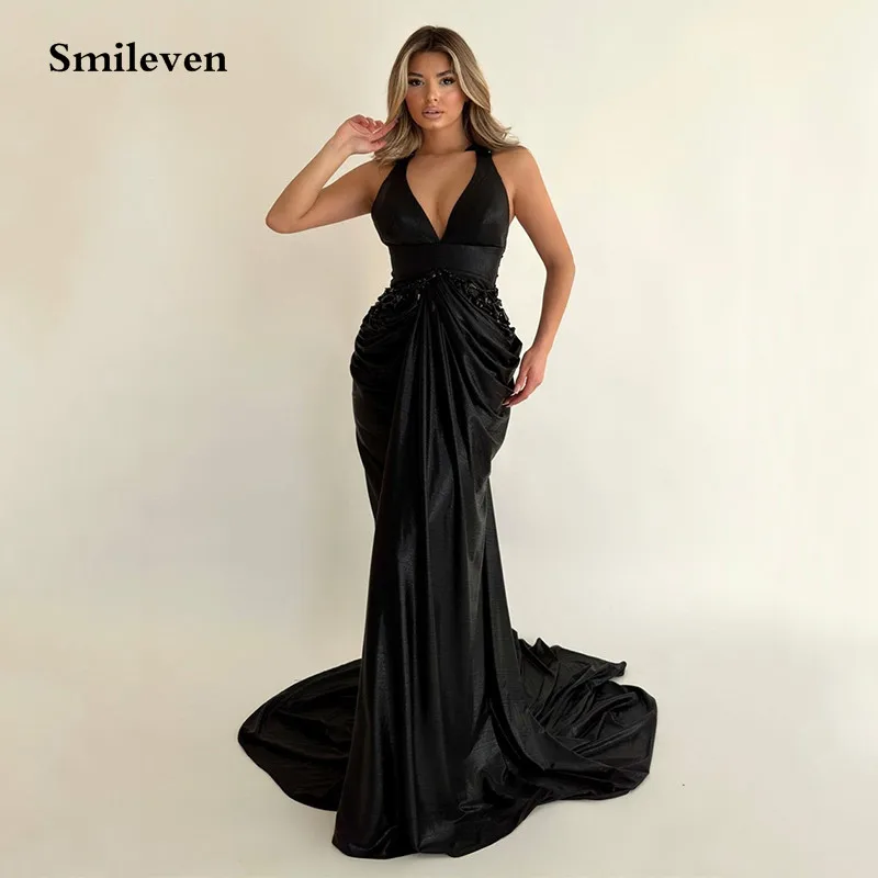 

Smileven BlacK Sexy Evening Dresses Sleeveless Pleats Prom Party Dress Beading Cocktail Gowns Plus Size 2023