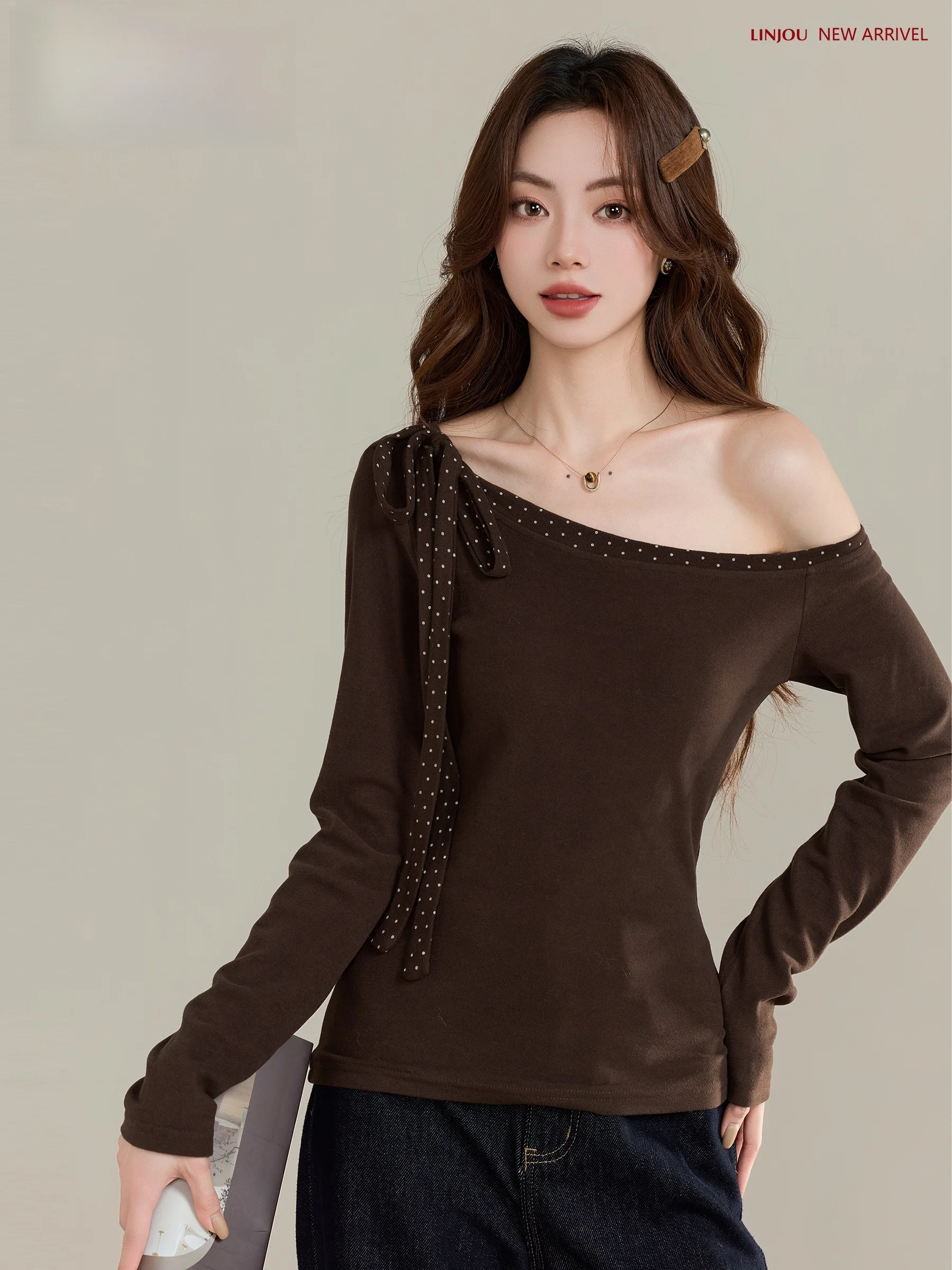 

Elegant Morning Light Sewn Base Shirt T-Shirt Women's Style Beautiful Single Wear Casual Long Sleeve Polka Dot Top