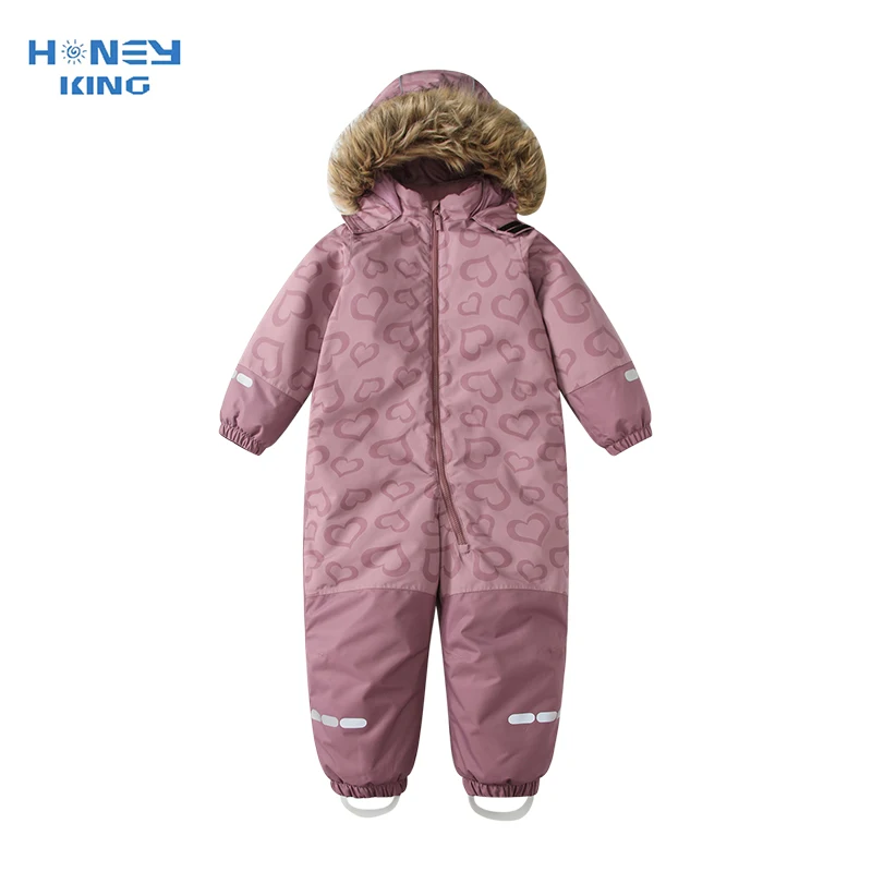 Baby Girls One-Piece Ski Suits Children's Snowboarding Fur Hooded Thick Windproof Warm Skiing Sports Clothes for Winter