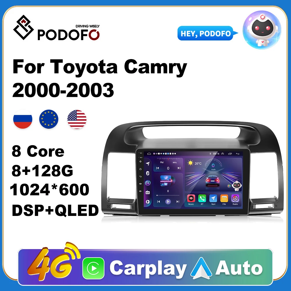 

Podofo Wireless CarPlay Andorid Auto Car Radio For Toyota Camry 2000-2003 AI Voice Multimedia GPS 2din autoradio