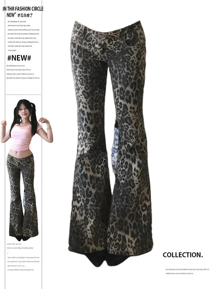 Jean da donna con stampa leopardata Jeans a vita bassa American Retro Gyaru Coquette Coquette Y2k giapponese anni 2000 High Street Harajuku Goth