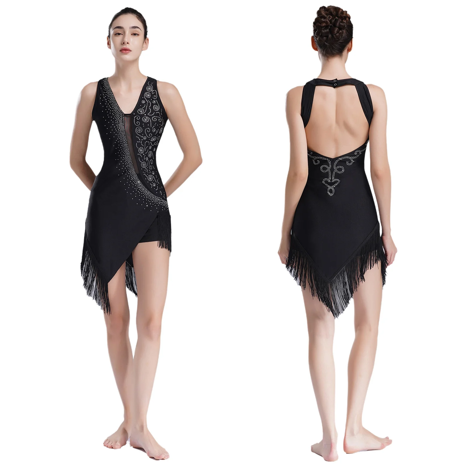 

New Latin Dance Dress Womens Shiny Rhinestones Fringe Leotard Bodysuits Jazz Moden Contemporary Dance Ballet Skirts Costume