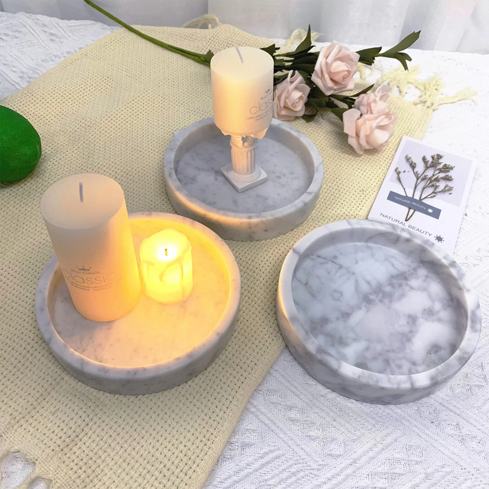 Small Round Travertine Tray, Natural Stone Jewelry Vanity Tray for Rings, Keys, and Coins, Compact Home Decor Organizer 15CM