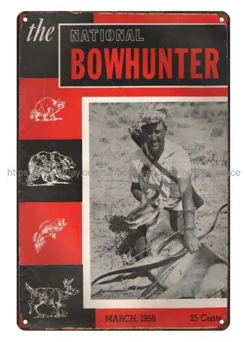 1956 The National Bowhunter magazine cover goat hunter metal tin sign