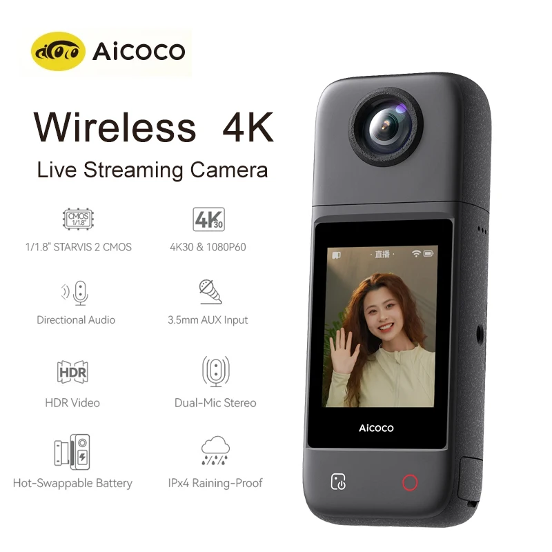 كاميرا بث مباشر لاسلكية 4K من Aicoco-OnAir ، عمر بطارية دقيقة ، USB ، كاميرا للتيك توك ، يوتيوب ، تسجيل فيديو