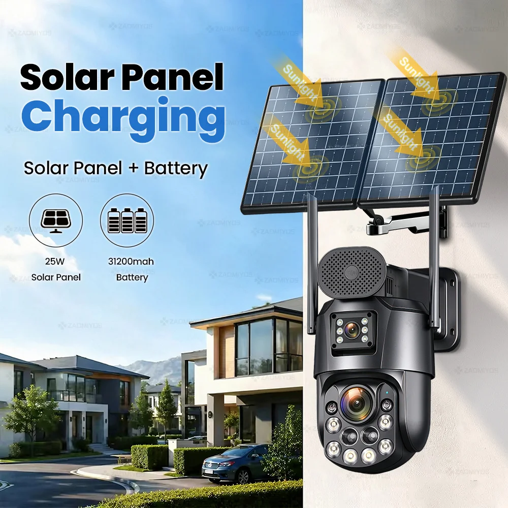 10MP Dual Lens Outdoor Surveillance Solar Camera 60X Optical Zoom 4G/eSIM Home Security PTZ Auto Tracking AOV 24/7 Recording Cam