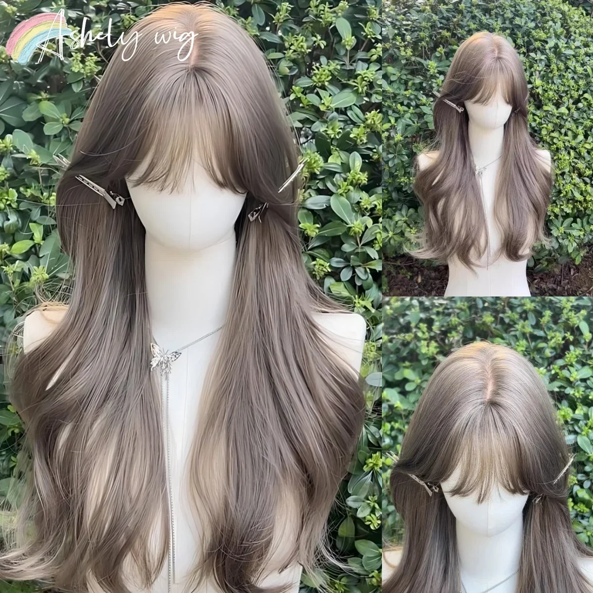 

Gray Brown Wig with Bangs Long Wavy Natural Hair 24inch Body Wave Wig Lolita Soft High Temperature Fiber Headband Peluca 가발