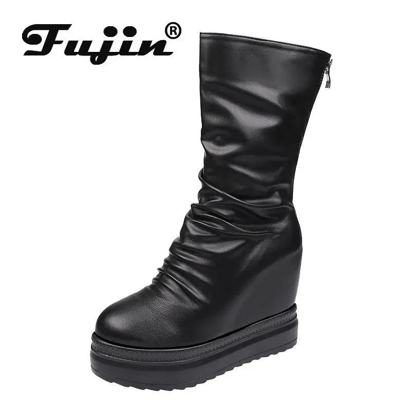 Fujin 10cm Women Microfiber Wedge Warm Winter Plush Pumps Autumn Hidden Heel Ankle Boots Chelsea Ethnic Platform Spring Shoes