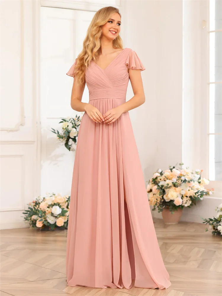 New Arrival V Neckline Short Sleeves A-Line Chiffon Bridesmaid Dress Elegant Split Side Open Back Zipper Gowns For Wedding Guest