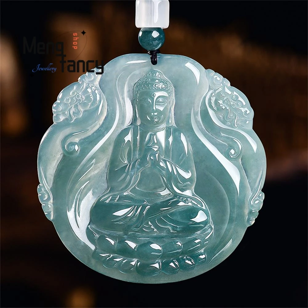 Natural A-grade Jadeite Blue Water Double Dragon Great Sun Tathagata Jade Pendant Zodiac Sheep Guardian God Fashion Fine Jewelry