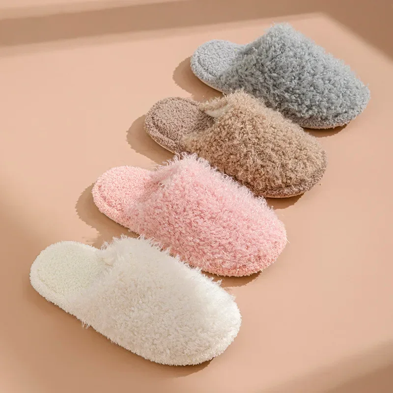 Women's Slippers 2024 New Autumn Winter Rolled Cotton Plush Flat Toe Comfort Warm Lightweight Home Flat Bottomed Cotton Slippers