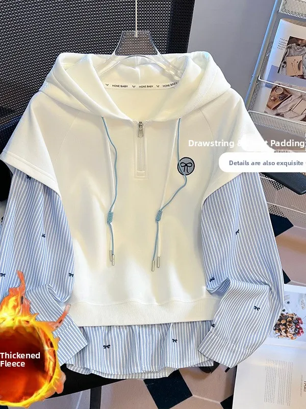 

Женская толстовка-обманка с воротником, свободного кроя, утепленная флисом, осенне-зимняя верхняя одежда в школьном стиле, милый дизайн