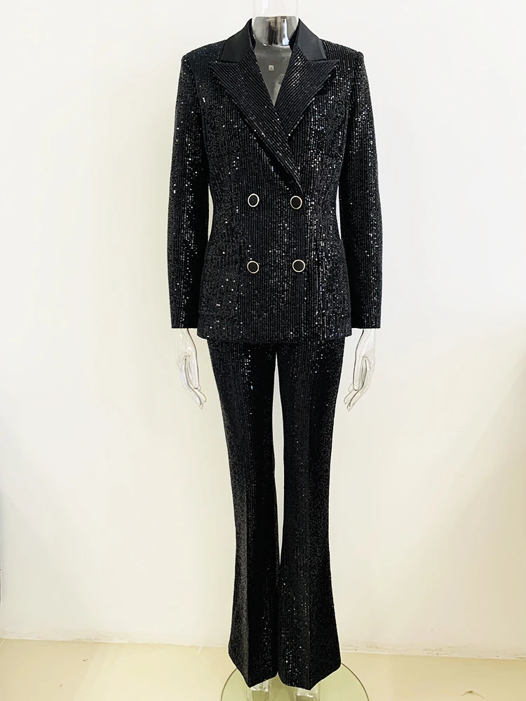 Imagem -02 - Blazer de Veludo com Lantejoulas Slim Fit e Calças Flare Feminino Terno de Passarela Glitter High Street Mais Novo Designer de Moda Peças 2024