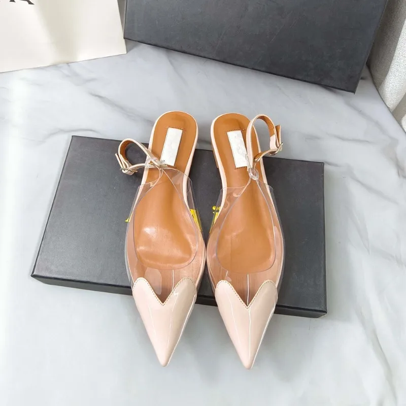 

2025 New Pointy Peach Heart Fine Heel Shoes Sexy Pvc Transparent Film Black Patent Leather High Heel Overhead Sandals
