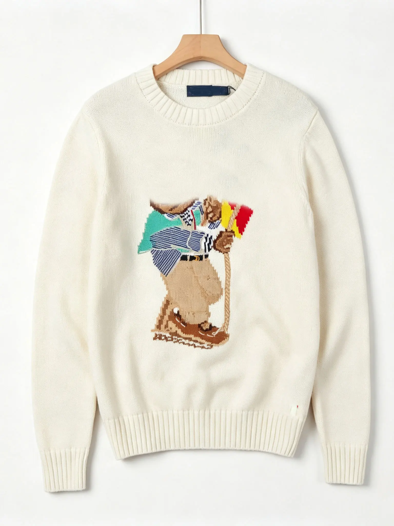 American Style Women's Knitted Long Sleeve Sweater Thick Needle Cotton Thread Embroidery Cartoon Bear Casual round Neck Sweater