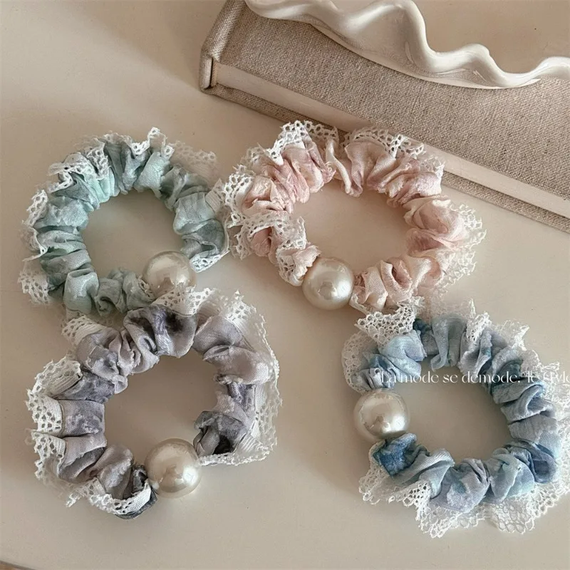 New Gentle Tie-Dyed Fabric Small Intestine Hair Ring Blooming Original Lace Broken Lace Hair Rope Elastic Hair Rope for Women