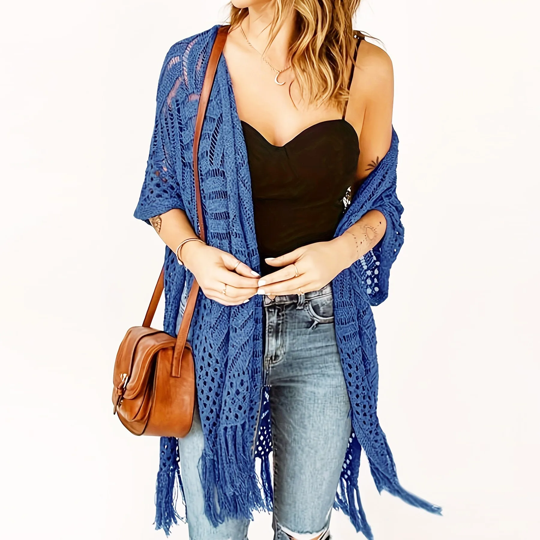 Boho Clothing Pareo Tunic Beach Crochet Knit Open Front Swim V Neck Short Sleeve Fringe Hem