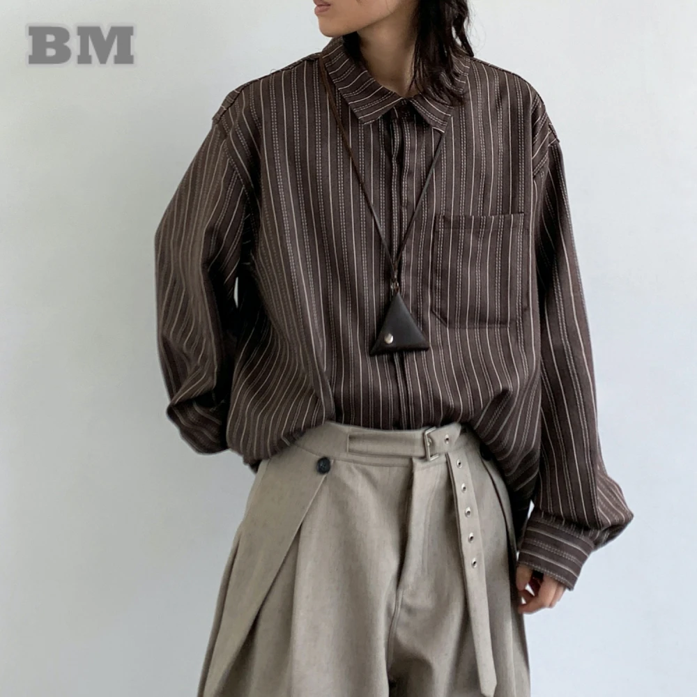 

‌Japanese Retro Striped Long Sleeve Shirt For Men Women Harajuku Casual Oversized Collar Tops College Style Loose Fit Unisex