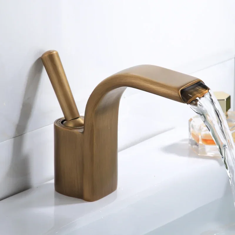 Bathroom Basin Faucet Brass Sink Mixer Tap Hot & Cold Lavatory Crane Deck Mounted Single Handle Waterfall Water Tap