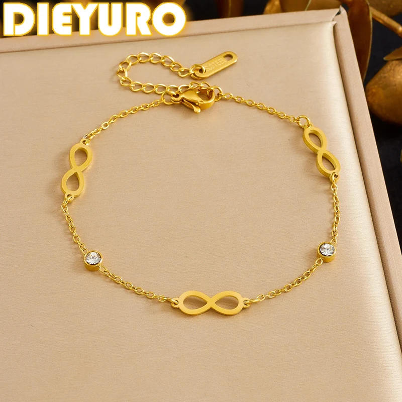 DIEYURO 316L Stainless Steel Golden Infinite Symbol Number Eight Round Zircon Bracelet Lady Trend Non-fading Hand Chain Jewelry