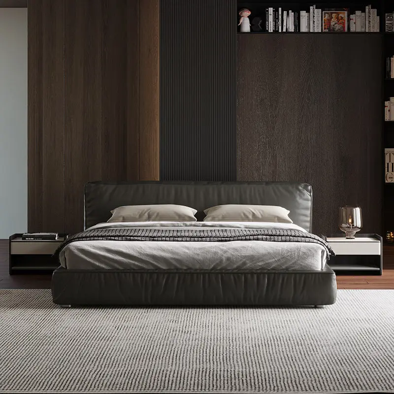 

#% Bed Block-Shaped Genuine Leather Pine Wood Frame Italian Minimalist 1.8m (1800mm) Top Layer Cowhide Soft Backrest Master Bedr
