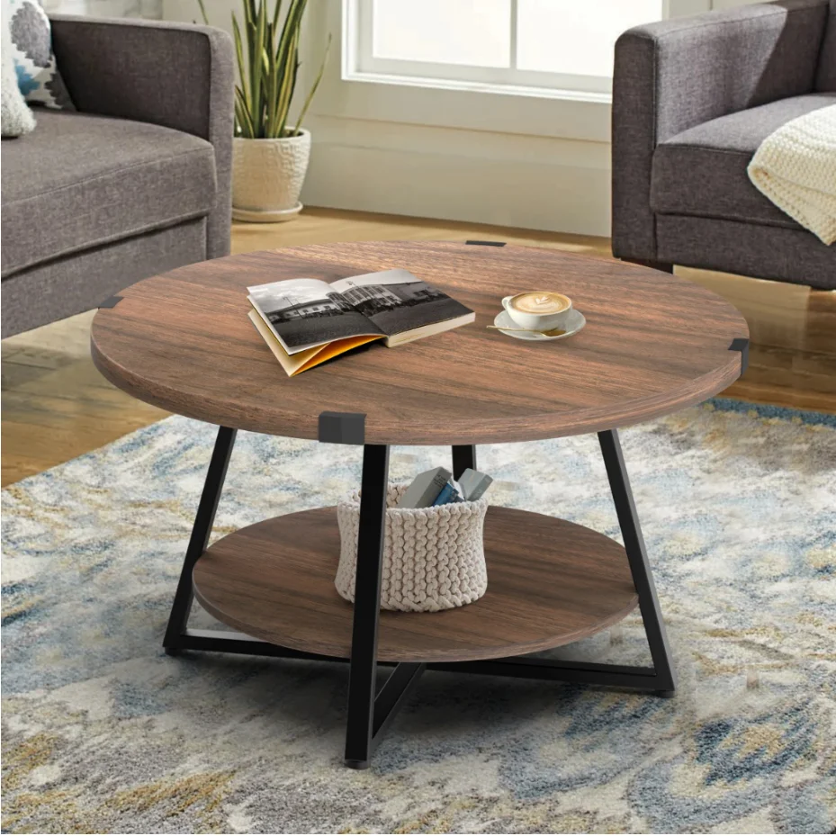 Round Coffee Table with 2-Tier Storage Shelves