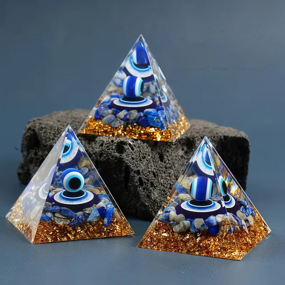 Lapis Lazuli Böser Blick Orgon-Pyramide - Natürliche Kristallsplitter & Harzkugel zur Dekoration, Heimdekoration, Augen des Teufels – Detail 4