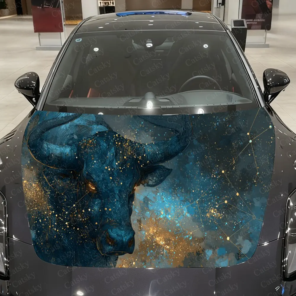 Starry Sky Gilded Bull Car Vinyl Wrap, PVC Waterproof Car Hood Sticker, Self-Adhesive Scratch-Resistant Stickers