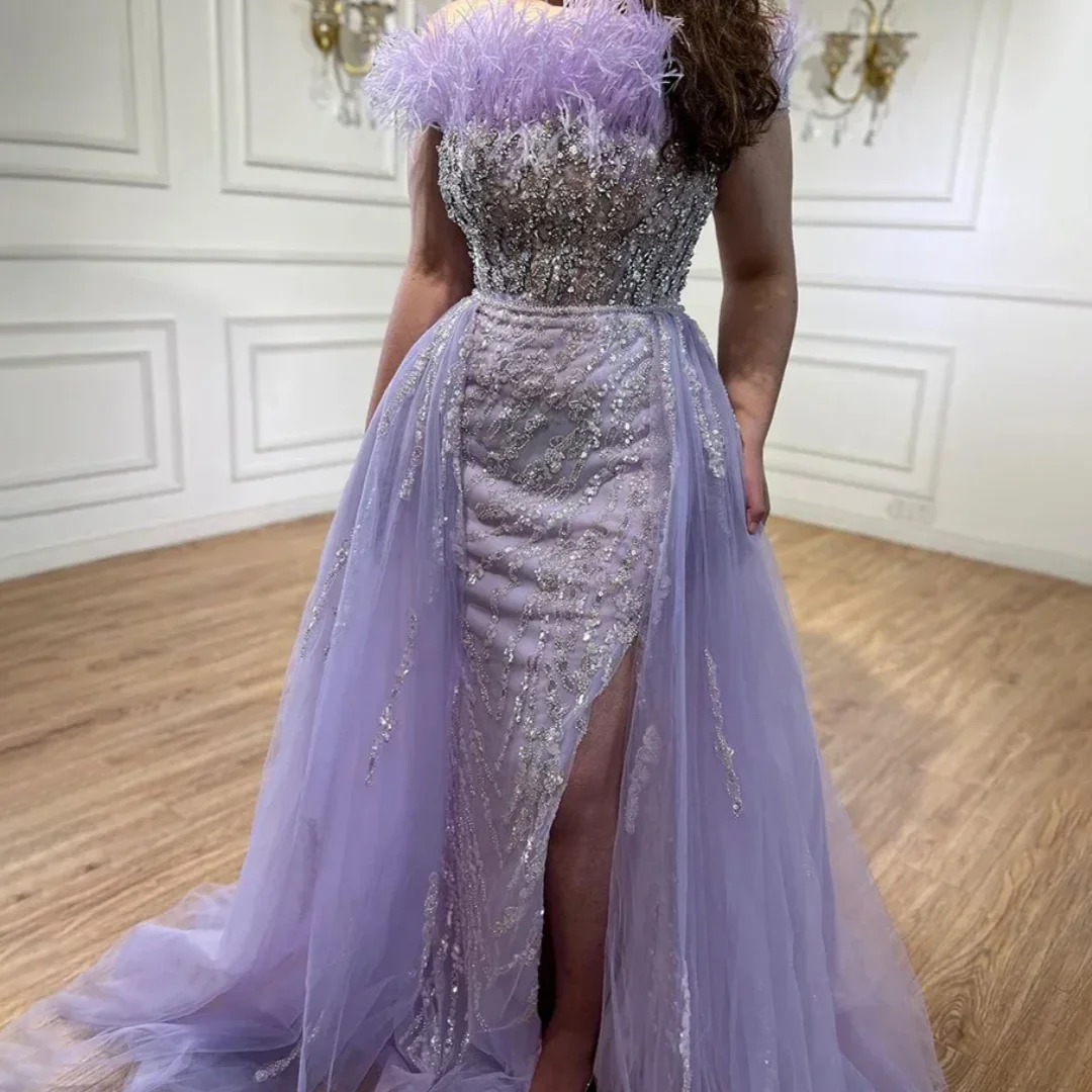 Yellow Feathers Beaded Mermaid Evening Dresses With Overskirt Side Slit Party Gowns for Women Customized
