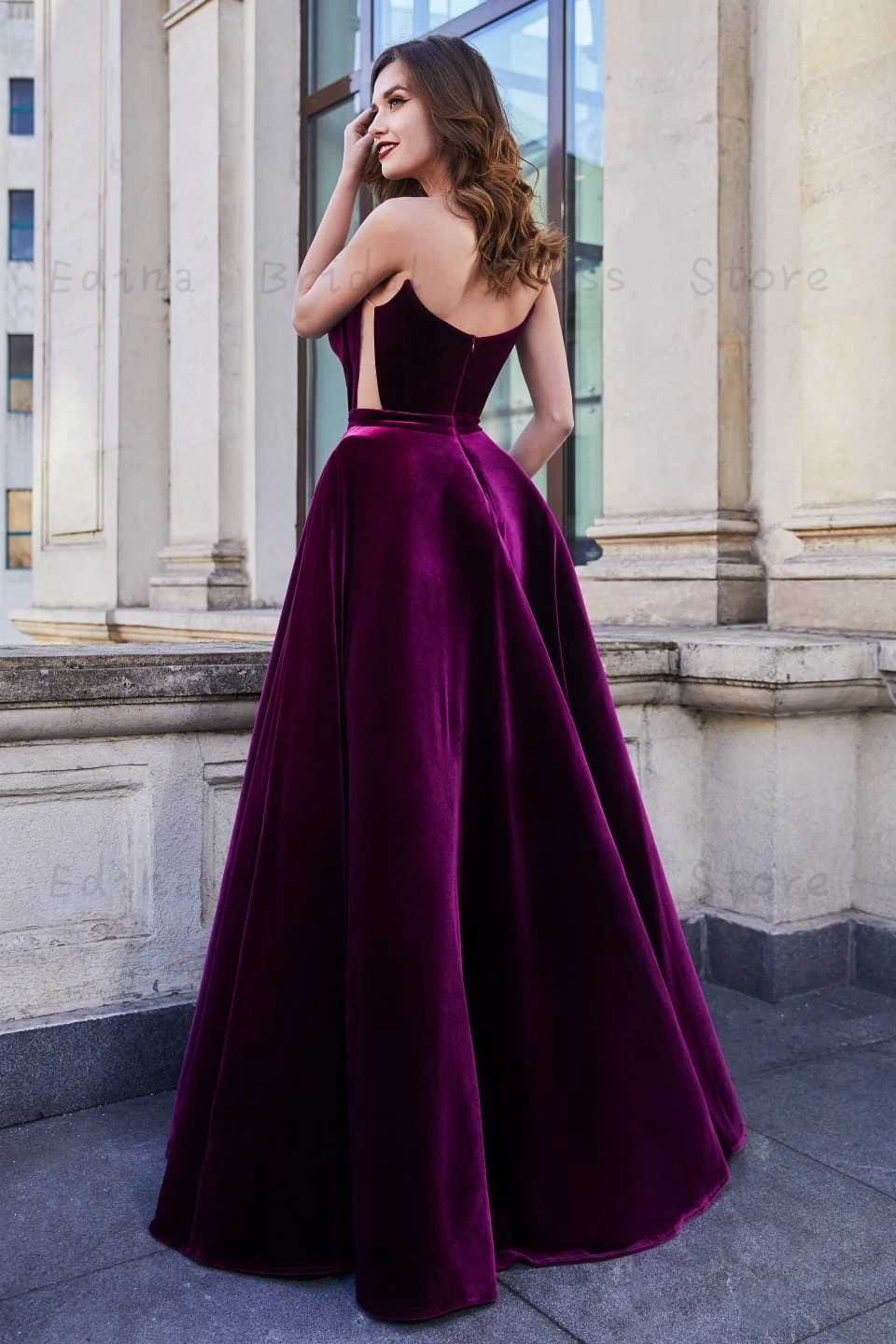 Grape Velvet Scalloped Evening Dress for Wedding Long  فساتين السهرة Floor Length Pleated  A-Line Prom Dress for Women Elegant