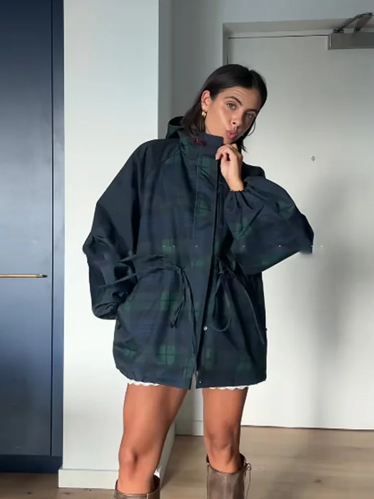 Women Plaid Hooded Jacket Drawstring Waist Full Zip Long Lantern Sleeve Loose Fit Windproof Outerwear Casual Daily Ladies Coat