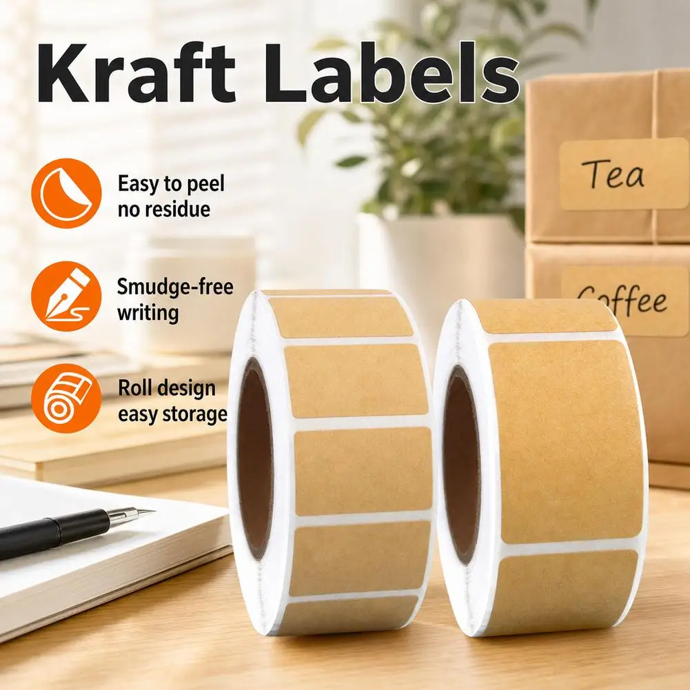 Kraft Labels Stickers,1 Roll Self-adhesive Stickers Rectangle Inventory Organizer Identification Sticker 320/800 Labels Per Roll