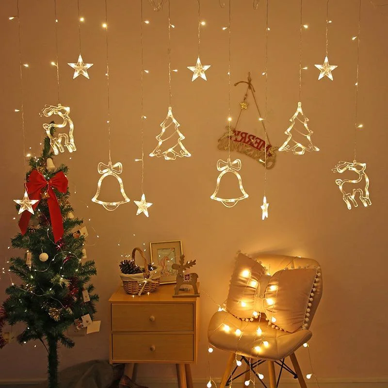 

220V EU Plug LED Christmas Garland Fairy String Lights 8 Modes Xmas Tree Elk Bell Curtain Lights for Party Wedding Bedroom Decor