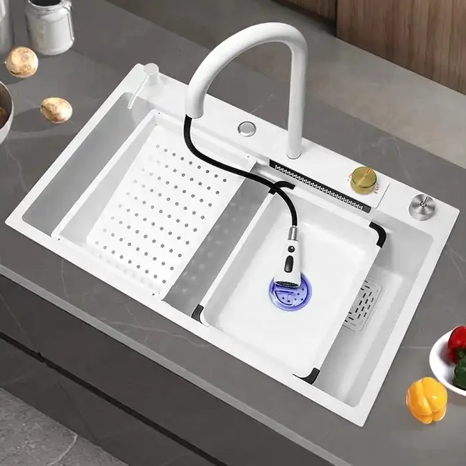 

New 2024 handmade kitchen sink Smart waterfall kitchen sink Fregadero acero non-oxidizing white corner kitchen sink