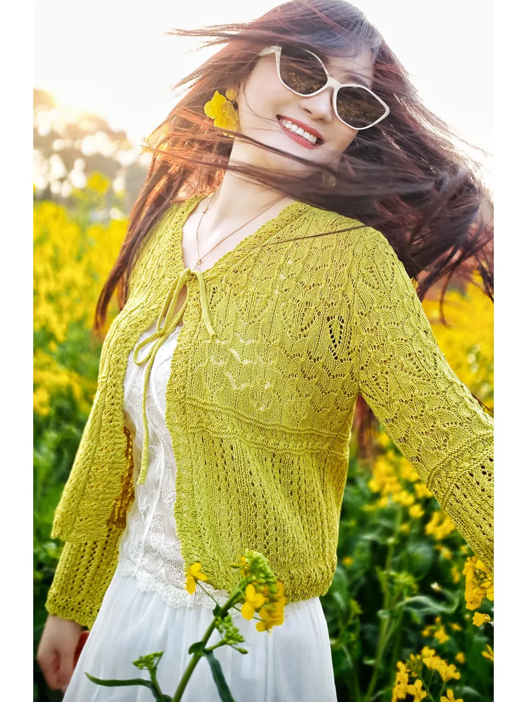 Dopamine Green Lace Knitted Light Weight Summer Cardigan Women's Outerwear Air Conditioning Cover up Casual Style Long Sleeve